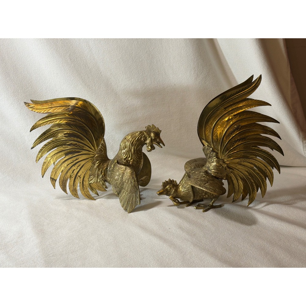 Vintage Brass Rooster Pair Mid Century Modern Gold Bird Statues